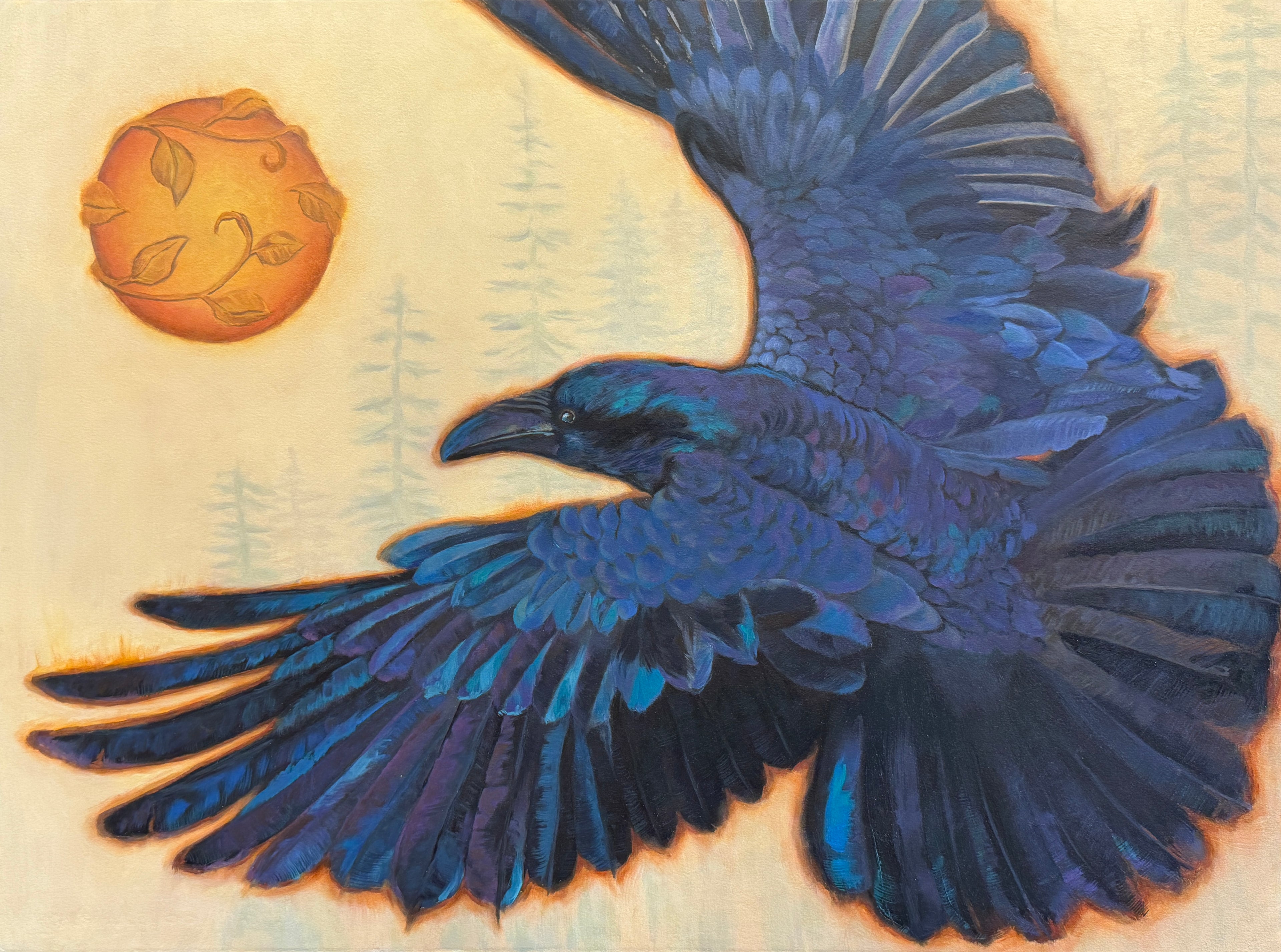 Atmospheric raven painting by Georgia Edwards, showing a blue-black raven in flight beside a glowing golden orb with vine details, inspired by the wild beauty of Vancouver Island.