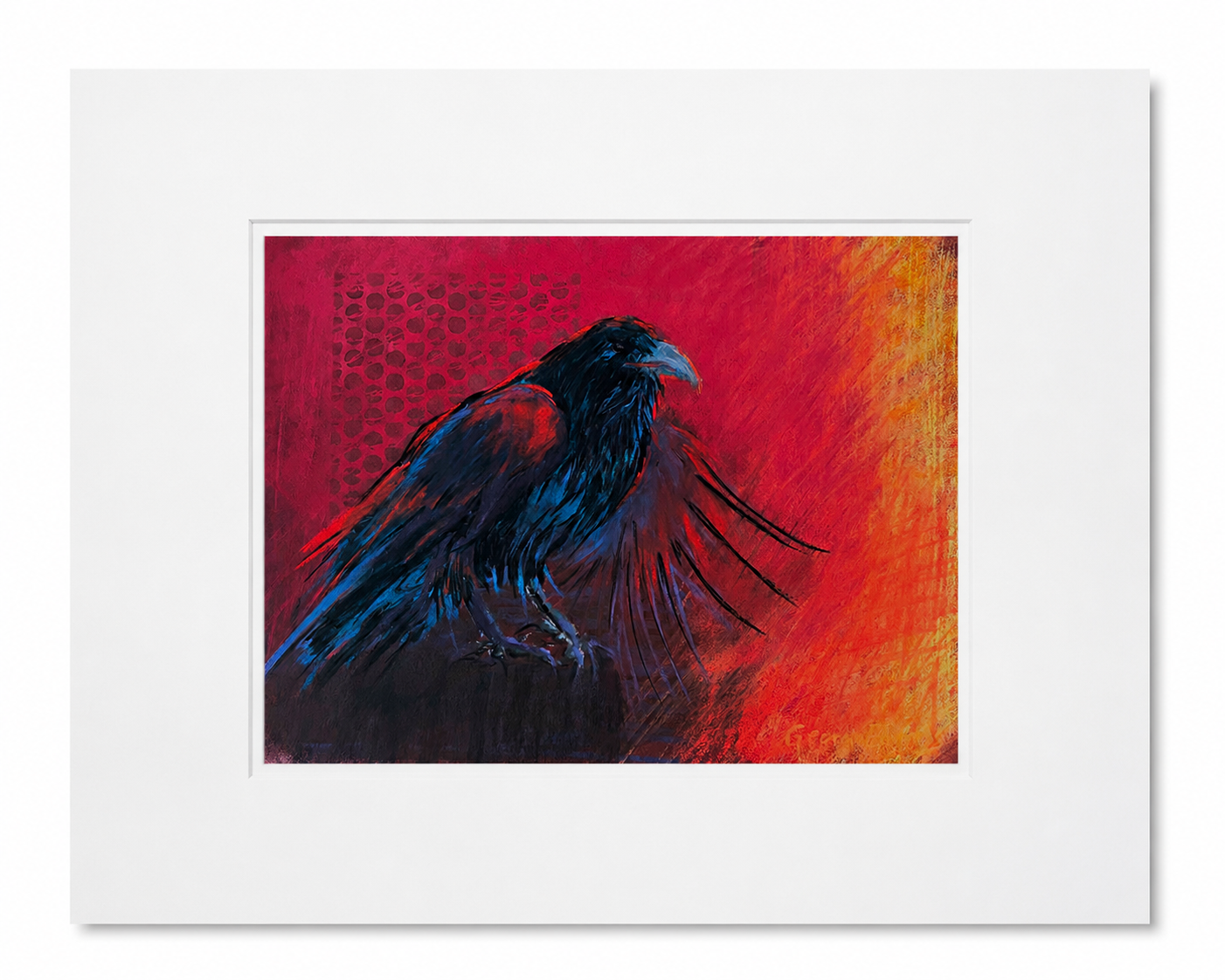 Artistic depiction of a raven on a red and orange background, fine art limited edition print. Raven painting.