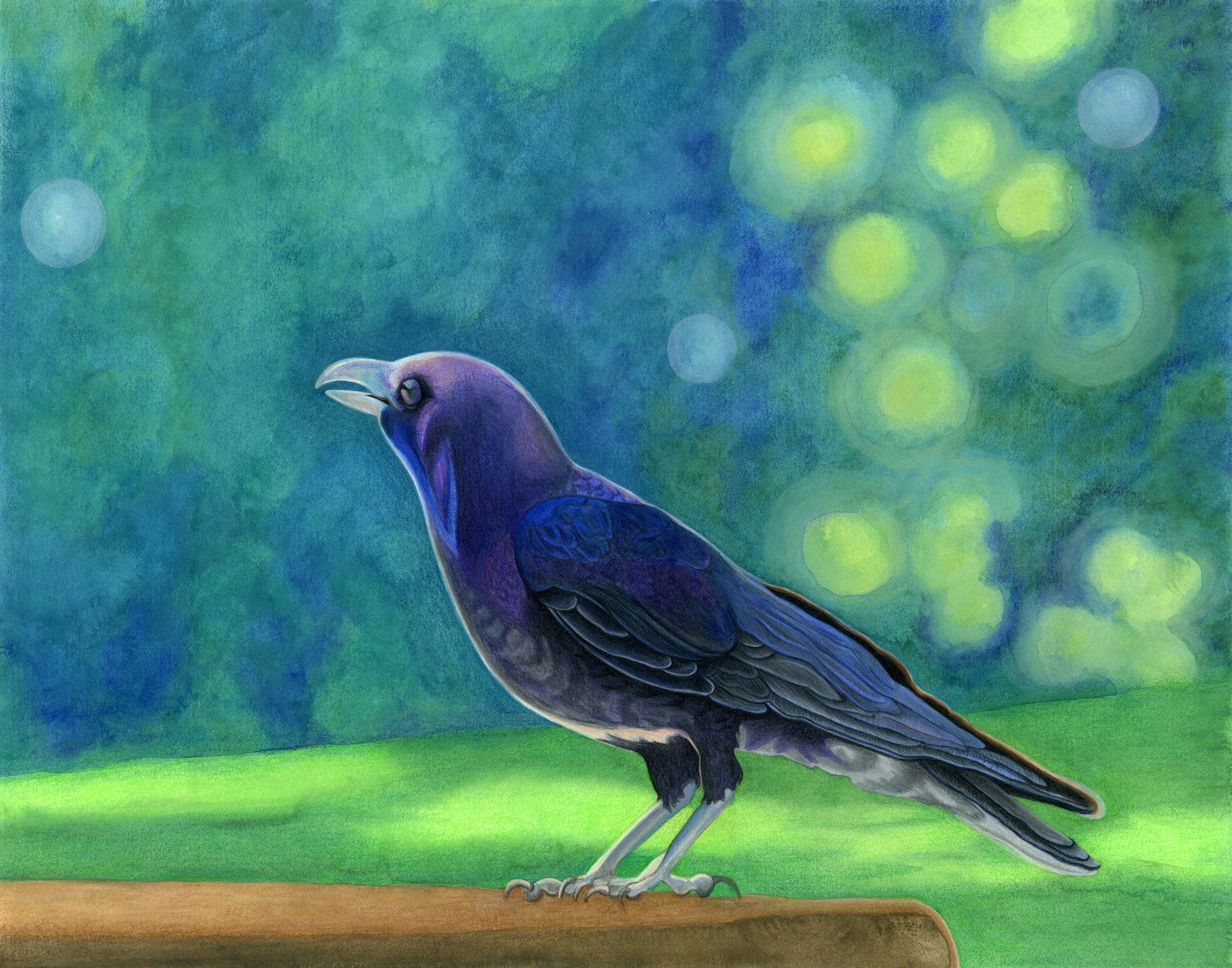 Seeing The Magic by Georgia Edwards, a vibrant crow artwork with luminous blue, green, and violet layers, set against a glowing atmospheric background.
