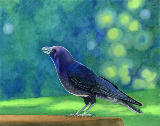 Seeing The Magic by Georgia Edwards, a vibrant crow artwork with luminous blue, green, and violet layers, set against a glowing atmospheric background.
