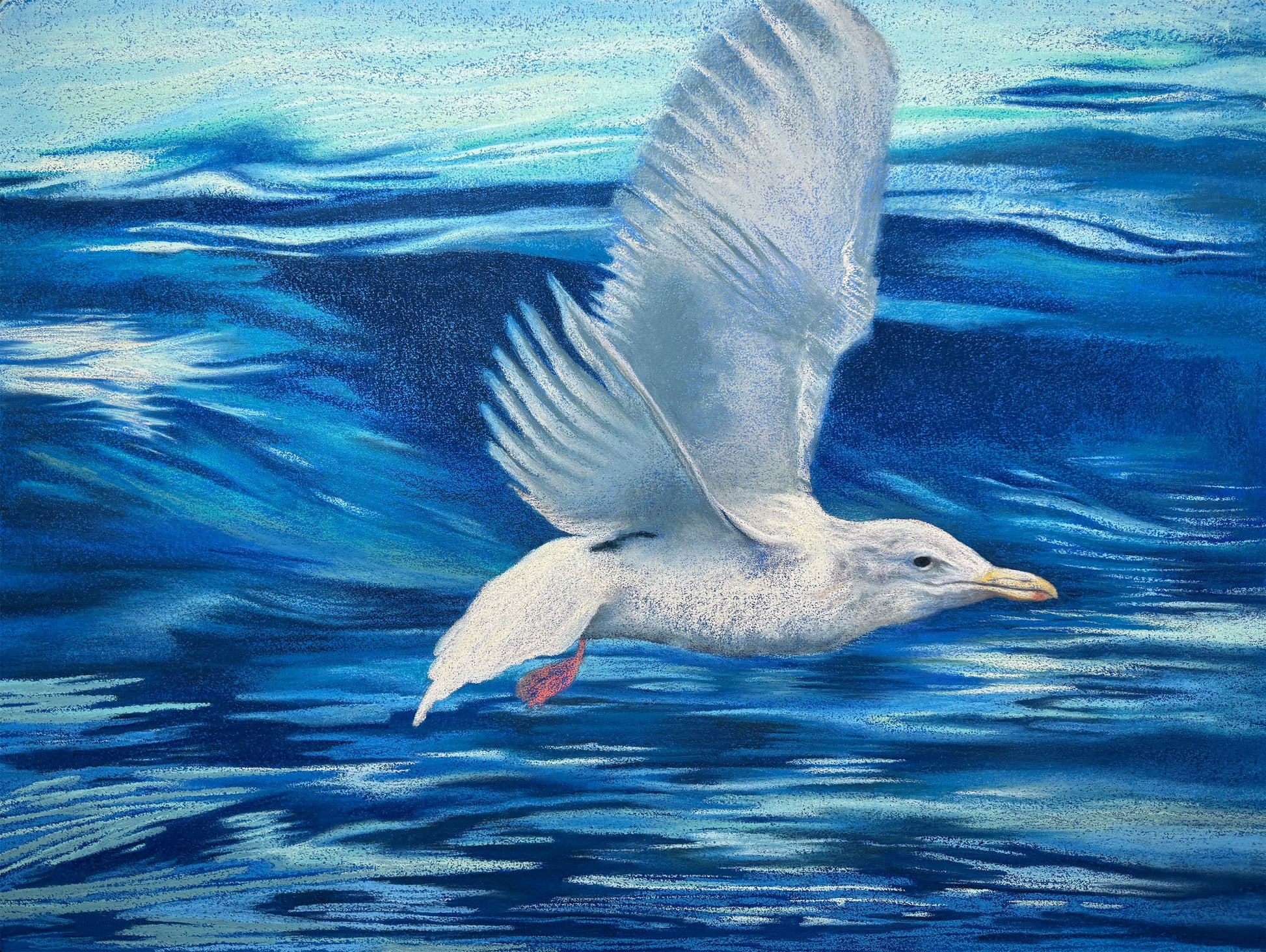 White gull in flight over richly layered blue ocean water in a pastel painting