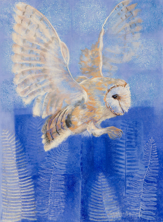 Ethereal Whispers by Georgia Edwards, a soft pastel and monoprint painting of a barn owl in flight against layered blue tones with ferns.