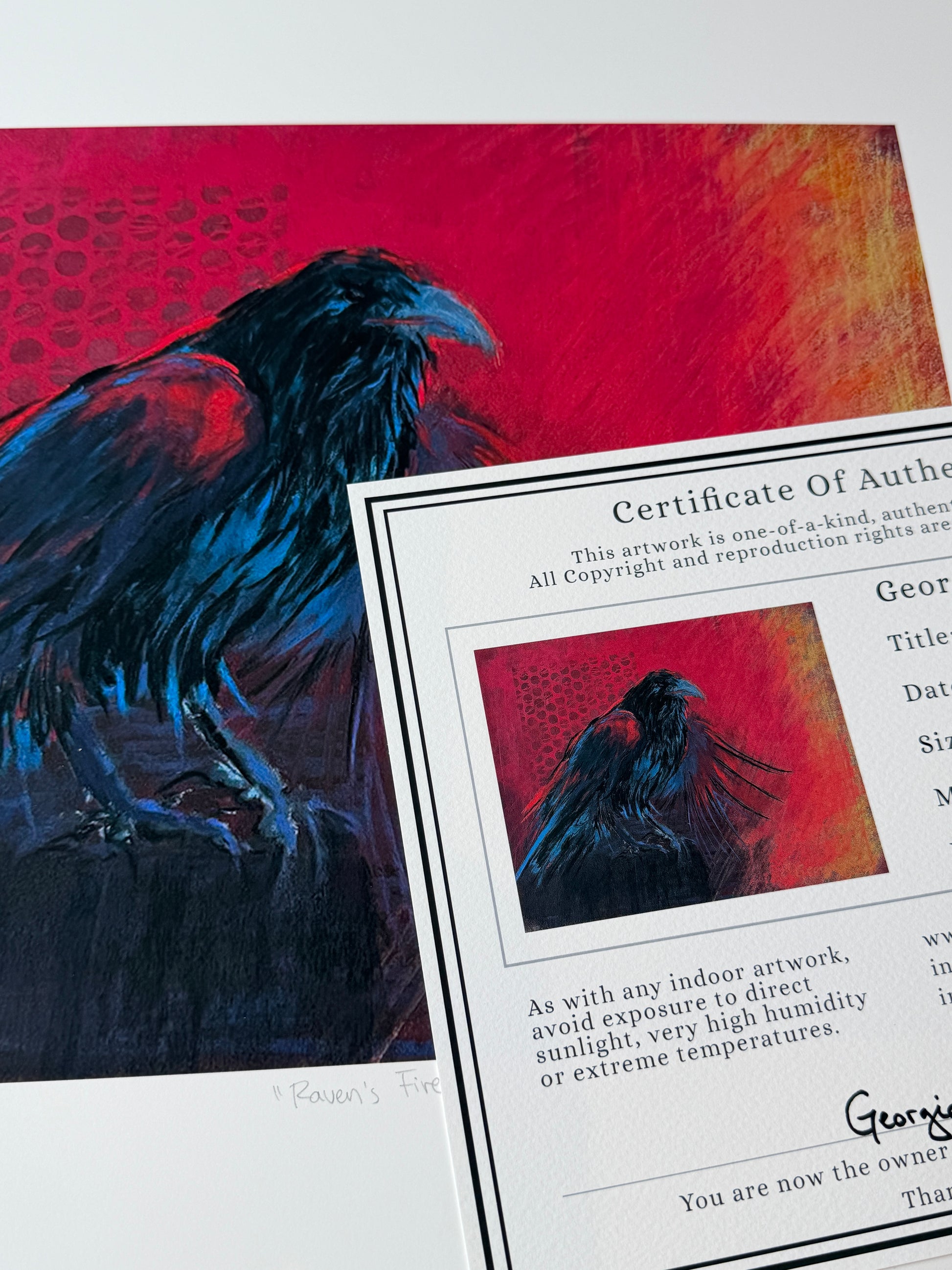 Raven art by artist Georgia Edwards. Artistic depiction of a bird with a red background and a certificate of authenticity overlay.