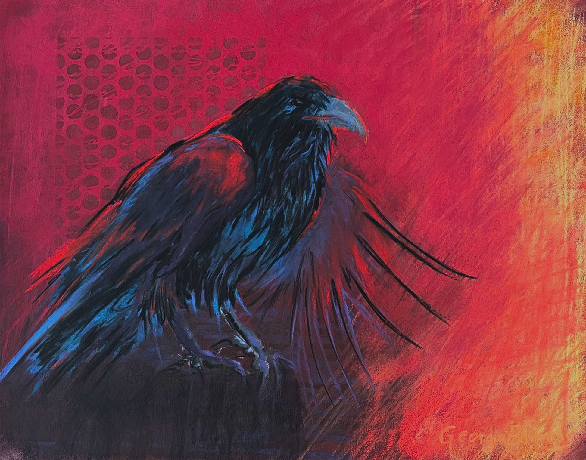 Pastel painting of a raven in deep blue-black tones against a vivid red and orange background