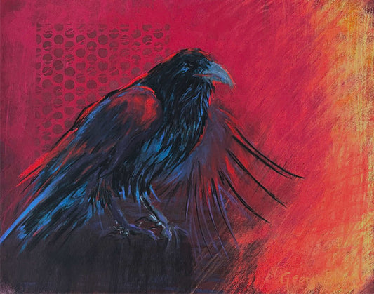 Pastel painting of a raven in deep blue-black tones against a vivid red and orange background
