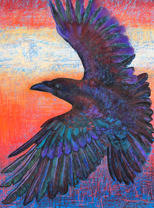 Soft pastel painting of a raven in flight with violet and blue feathers against a glowing coral and gold sunset background