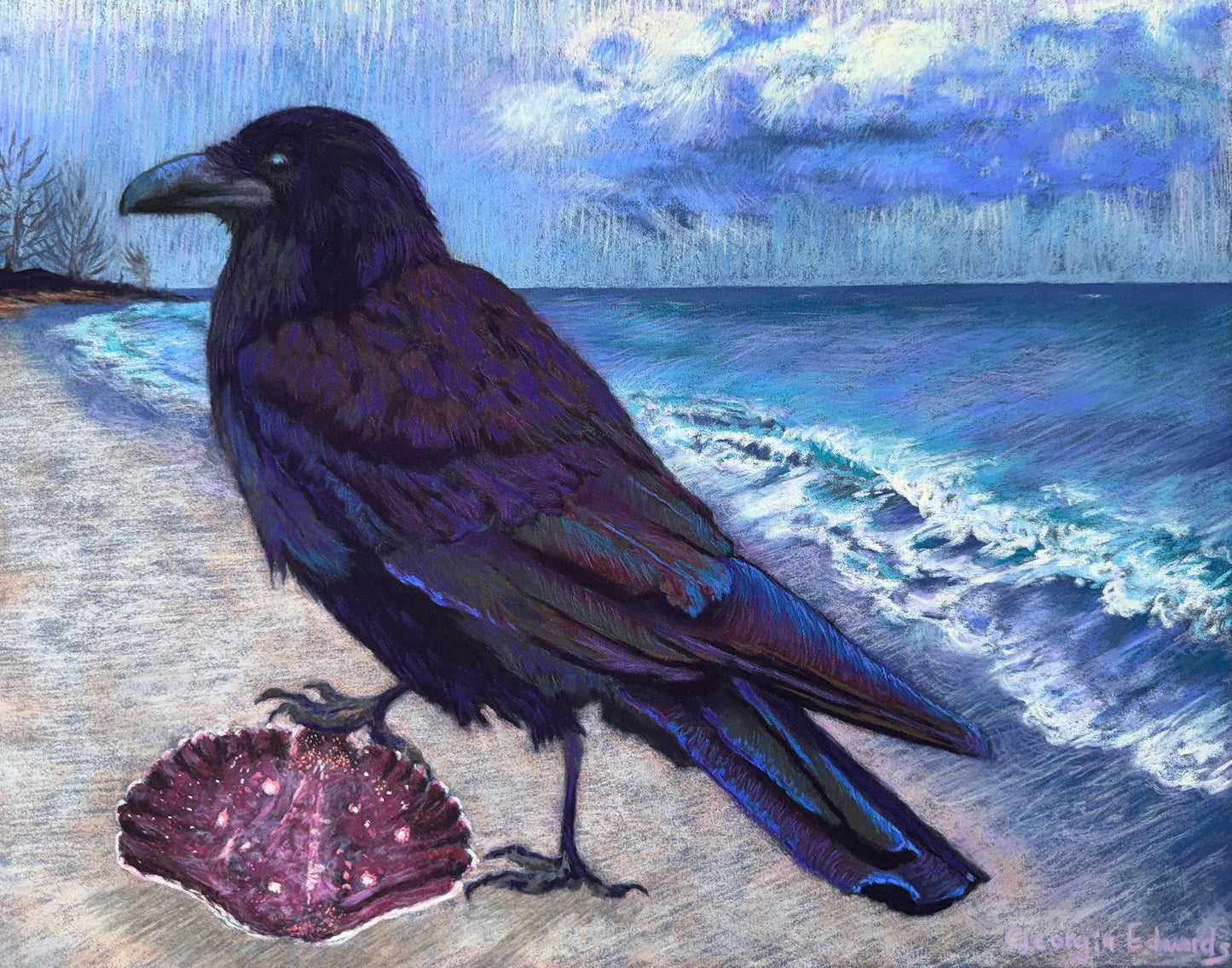 Soft pastel painting of a raven standing on a beach beside a shell with blue ocean water and a cloudy winter sky